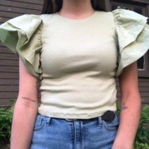 ZARA Pastel Cropped Tee-shirt with Ruffle Sleeves